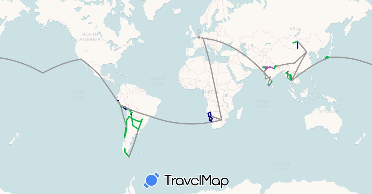 TravelMap itinerary: driving, bus, plane, train, hiking, boat in Argentina, Belgium, Bolivia, Brazil, Chile, China, Germany, India, Japan, Myanmar (Burma), Mongolia, Mexico, Namibia, Nepal, Peru, Thailand, United States, South Africa (Africa, Asia, Europe, North America, South America)